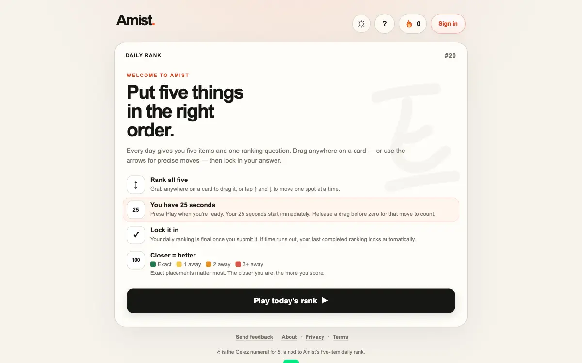 Amist daily welcome screen explaining the five-item ranking and 25-second timer