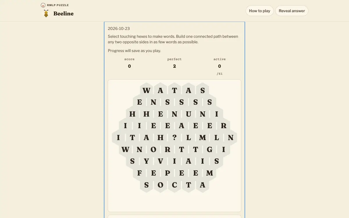 Beeline daily hive for a dated puzzle, with a wildcard hex and no words submitted yet