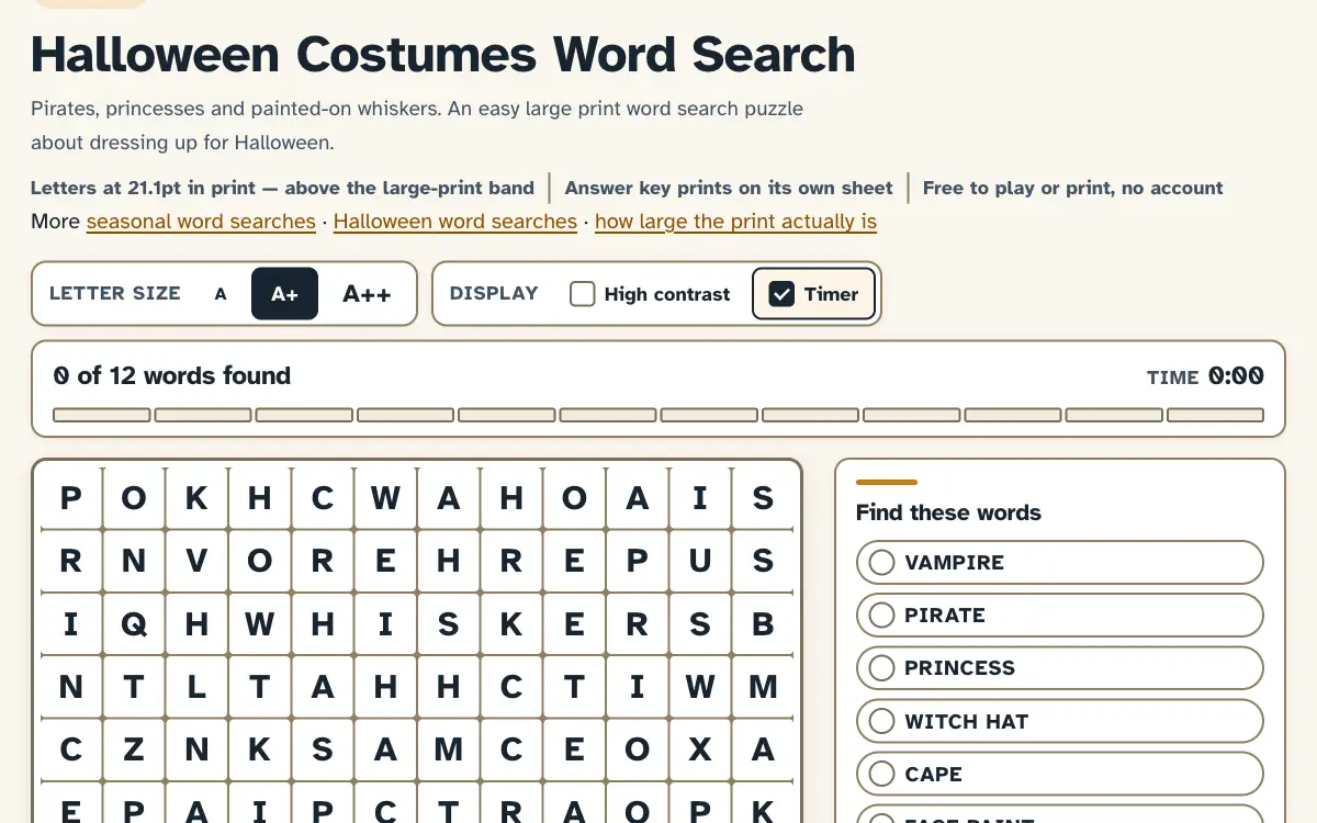Big Print Word Search featured puzzle, an unsolved large-print grid beside its word list