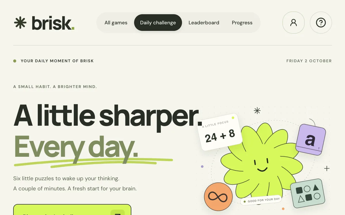 Brisk homepage with Daily challenge selected and the six-puzzle hero