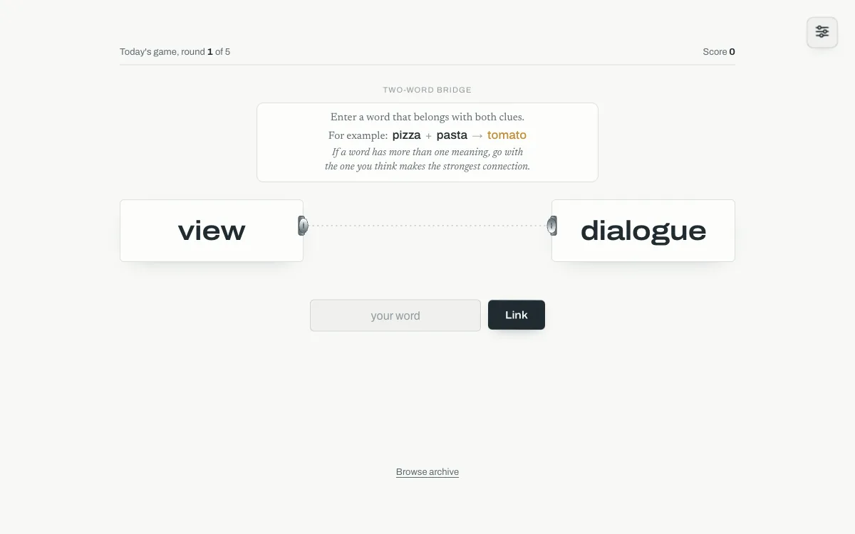 Chainle two-word bridge with clue cards and an empty word field