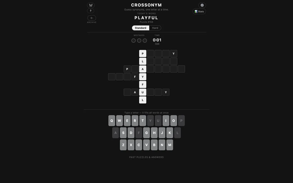 Crossonym daily synonym crossword with the given word placed and empty crossing slots