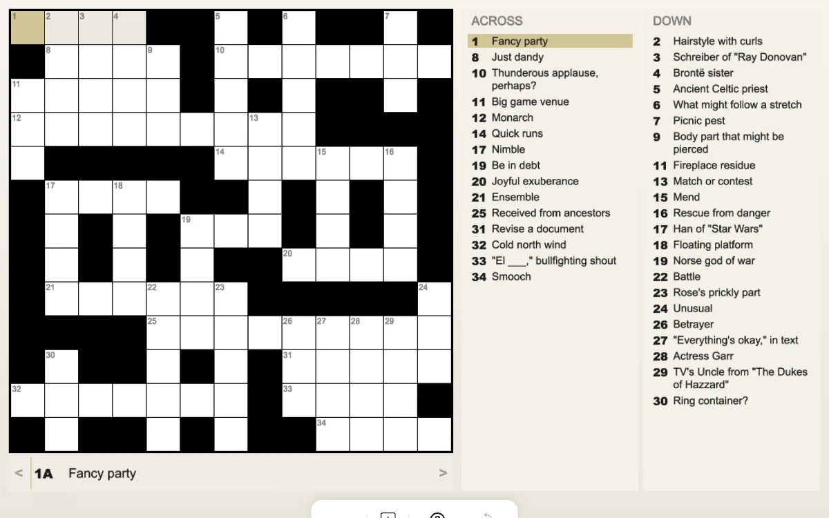 Empty 13×13 DailyPlay crossword with a long clue list