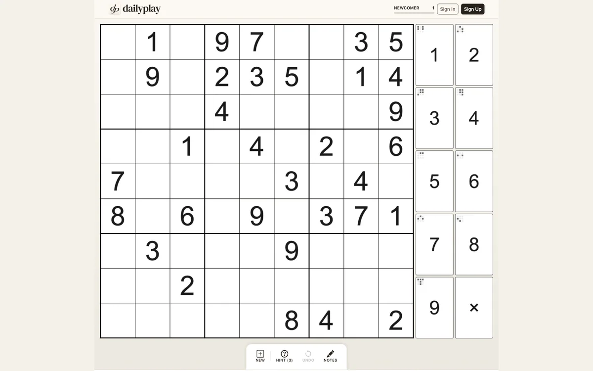 DailyPlay Sudoku 9×9 grid with givens filled and empty cells still open