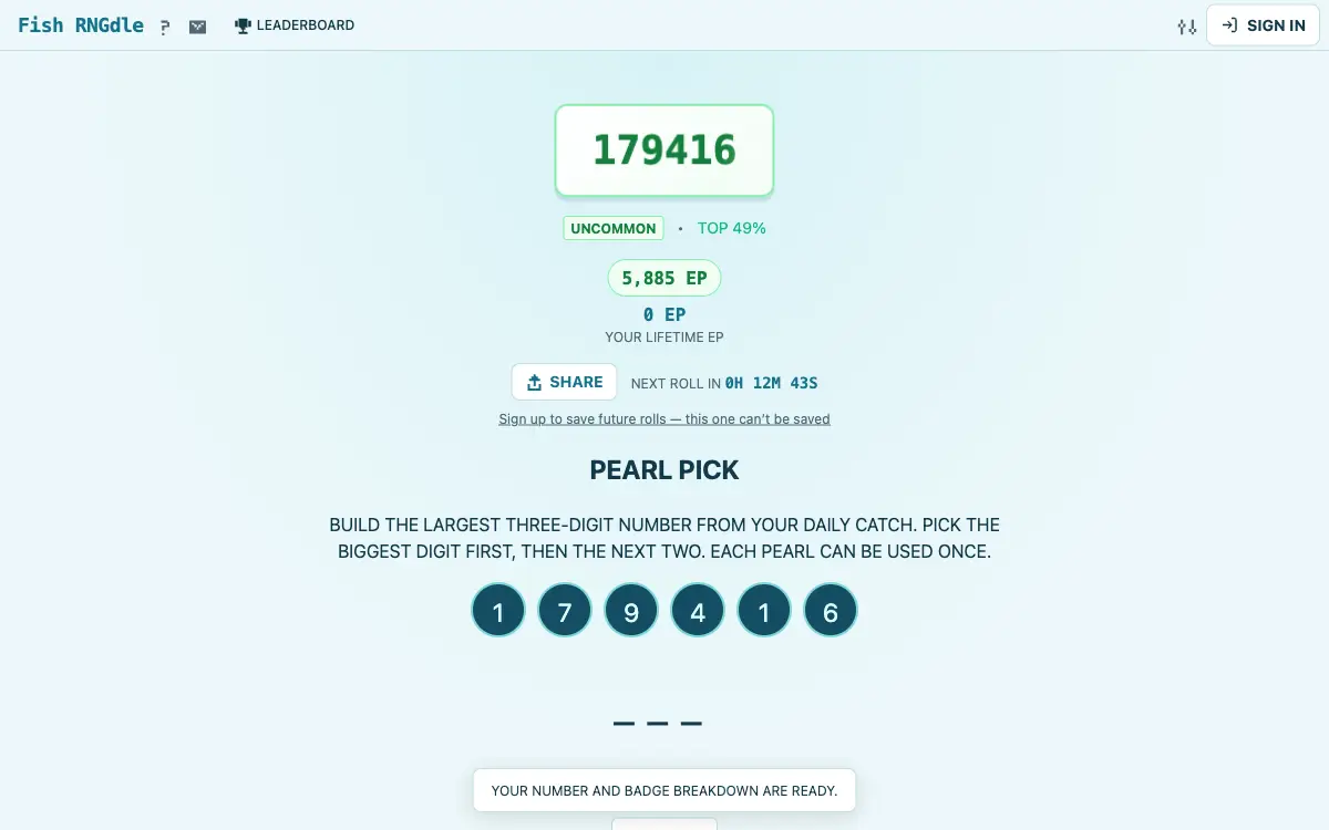 Fish RNGdle daily number board with Pearl Pick digits ready to choose