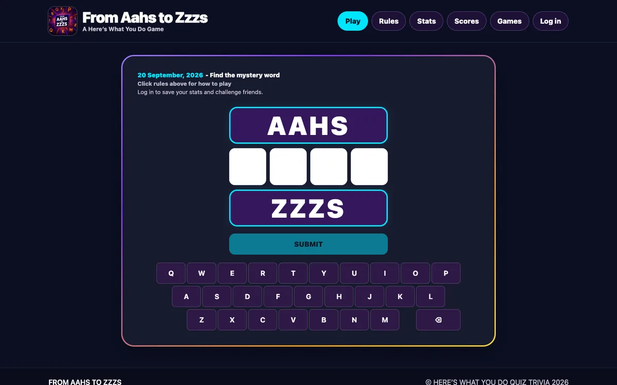 From Aahs to Zzzs empty four-letter board sitting between the bounds AAHS and ZZZS