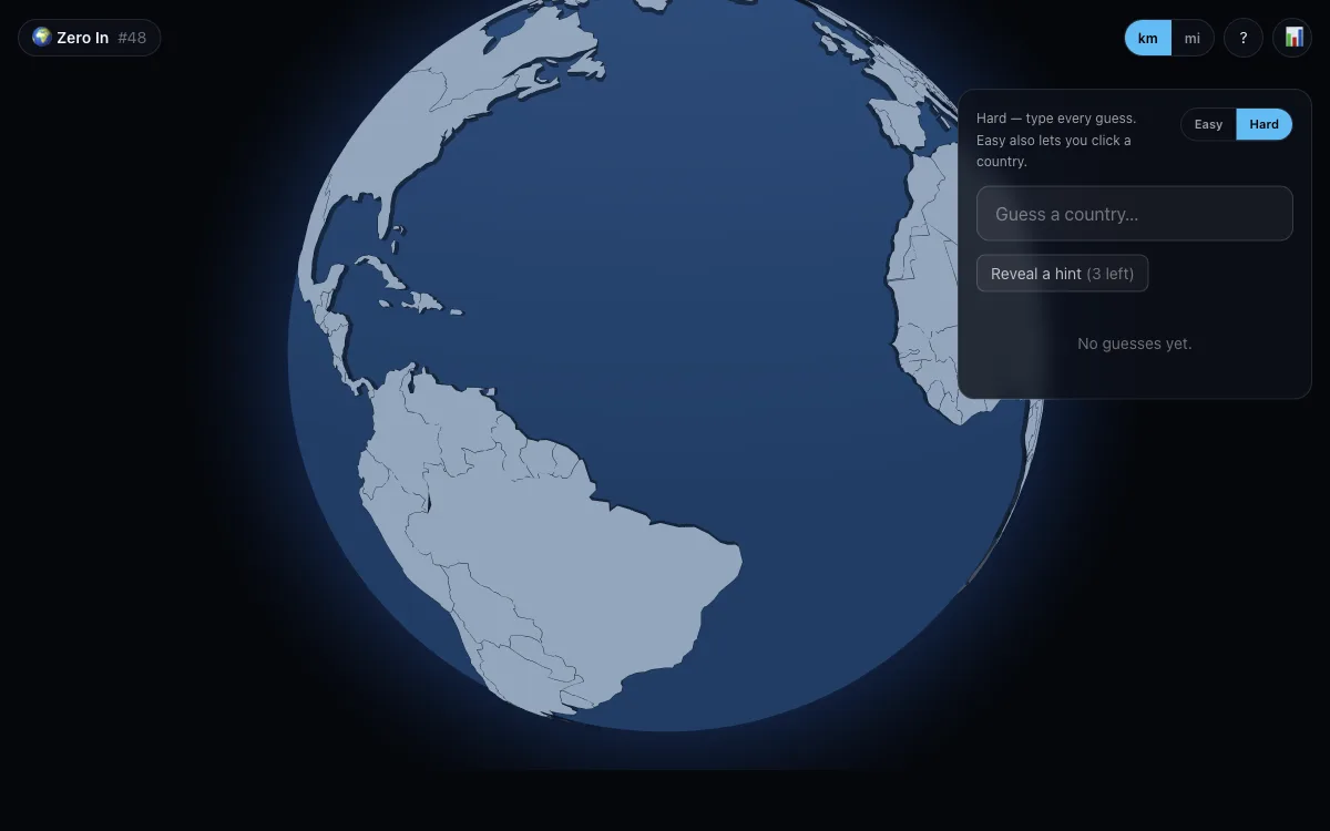 Geo Pinpoint Zero In with a 3D globe and an empty country guess