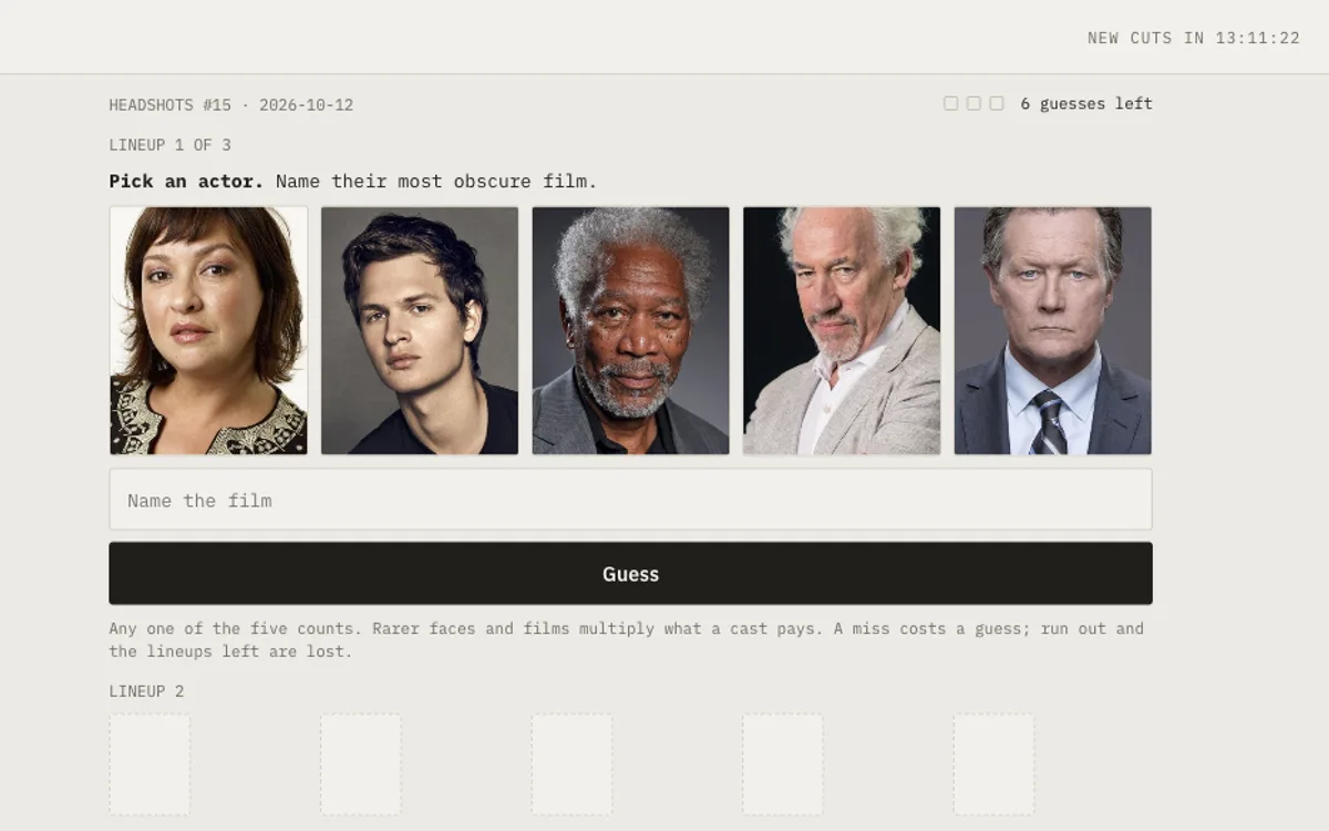 Headshots daily with five actor portraits, a film guess field, and six guesses remaining