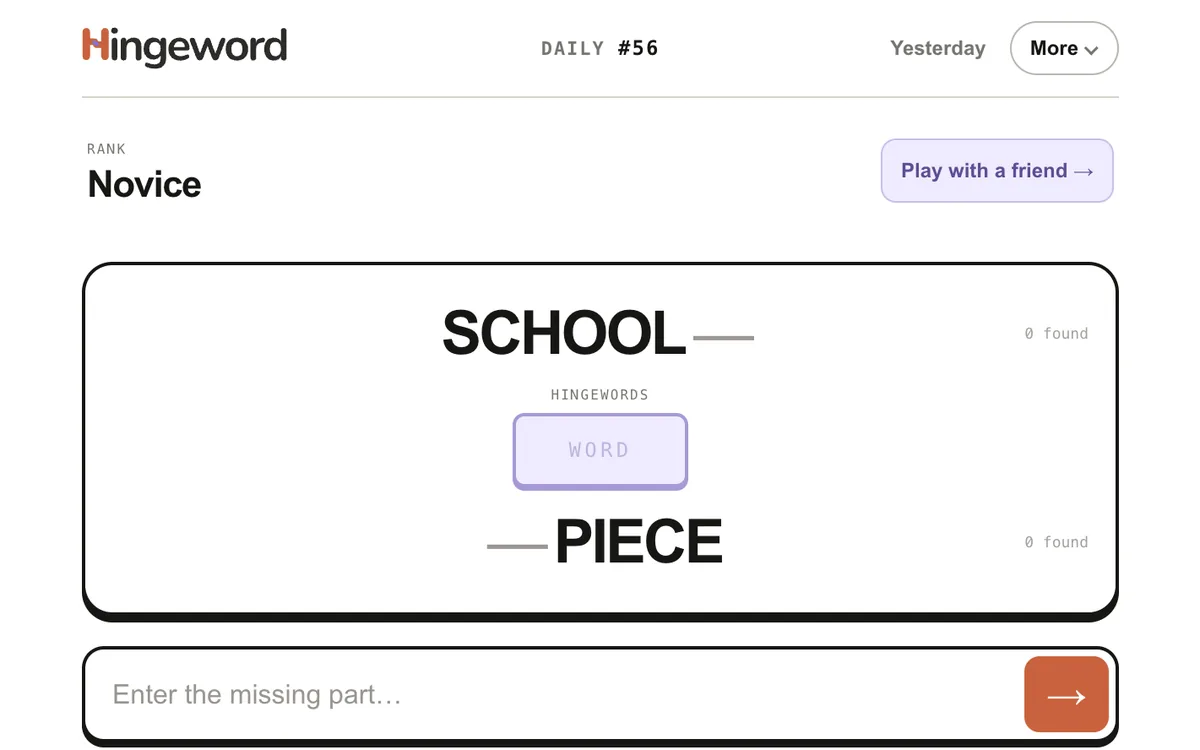 Hingeword daily puzzle with two compound stubs and an empty hinge