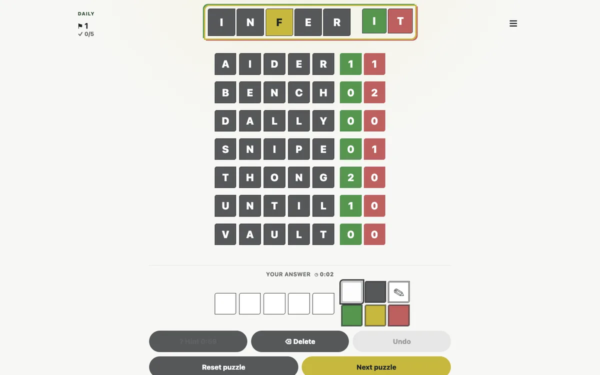 InferIt daily puzzle one with scored five-letter clue rows and an empty answer