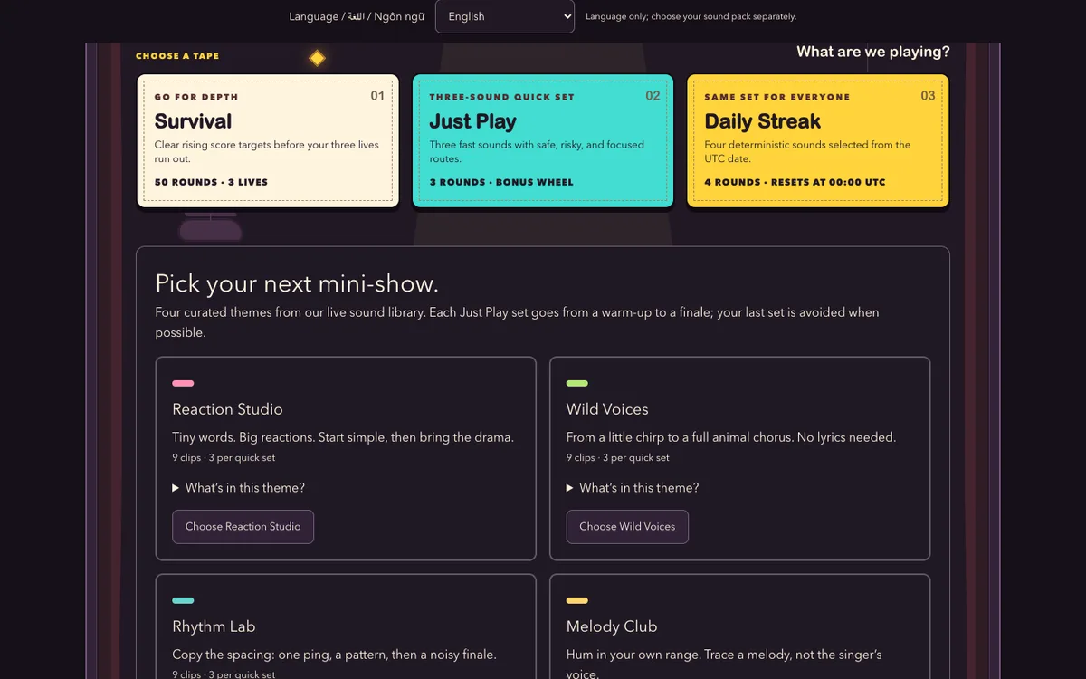 Mimic Party solo modes with Daily Streak marked as four sounds that reset at 00:00 UTC