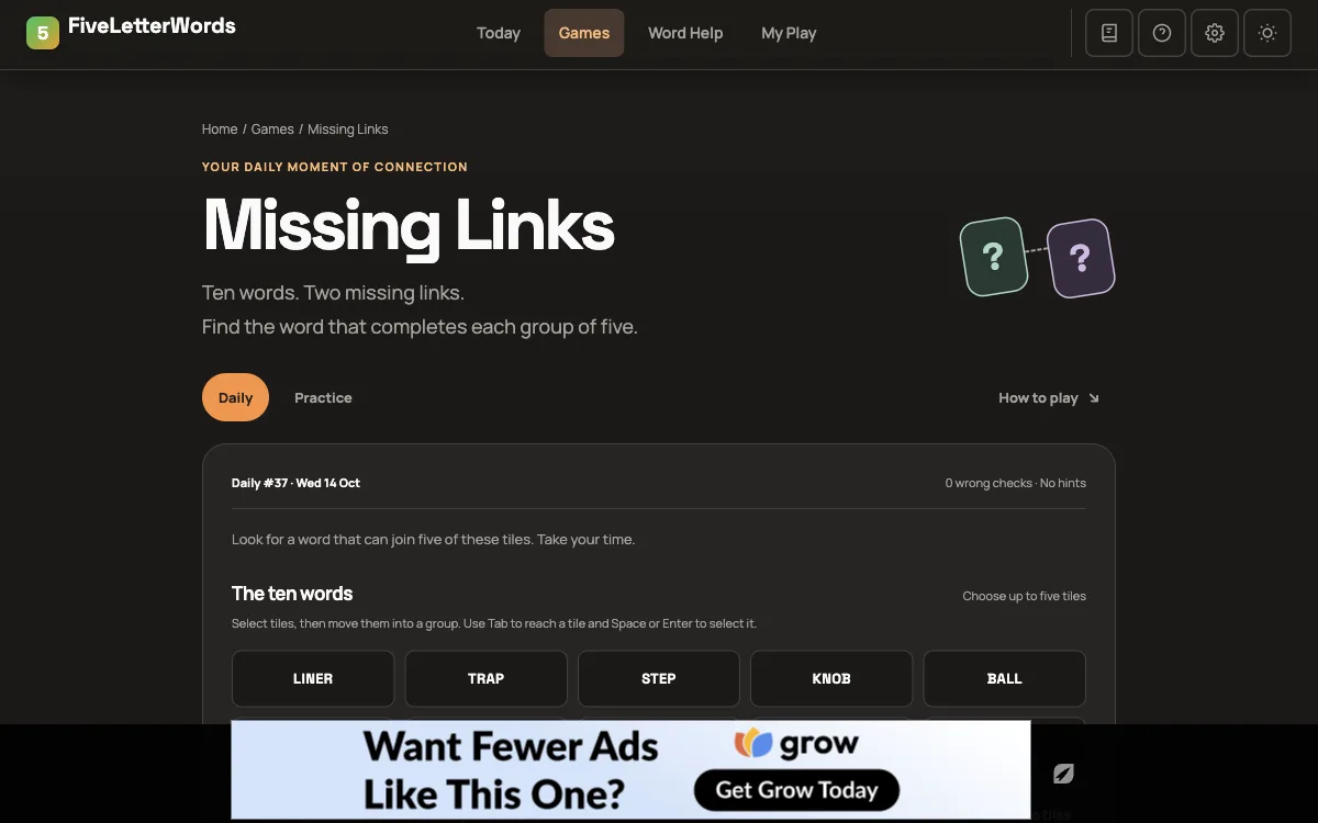 Missing Links daily board with ten word tiles and two group slots