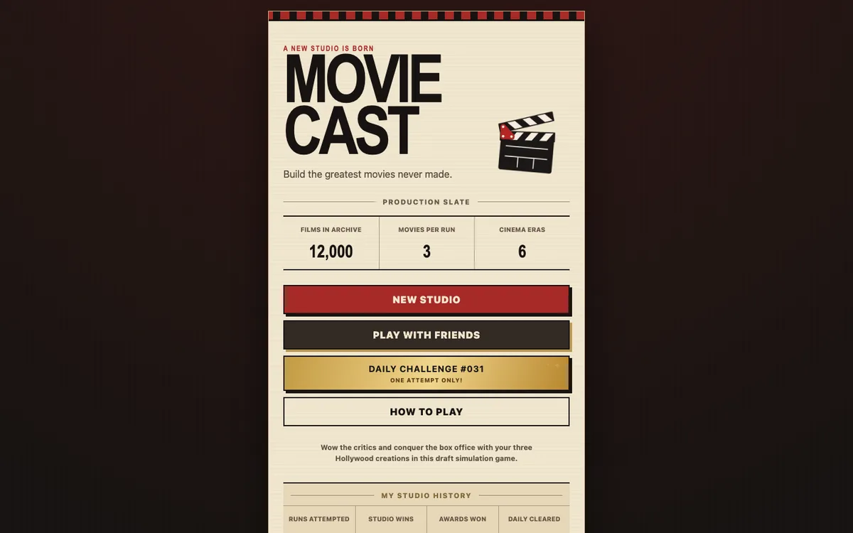 Movie Cast landing page with Daily Challenge number 031 marked one attempt only