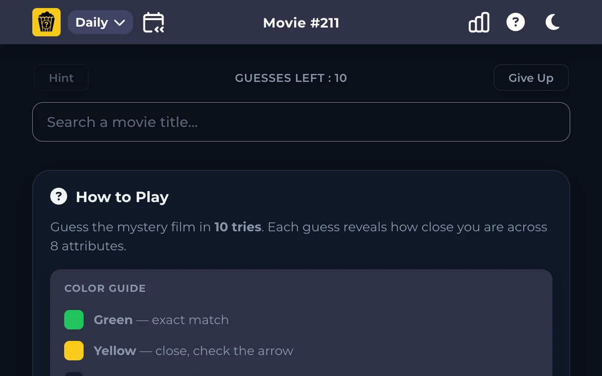 Moviexto Daily with ten guesses left and an empty title search