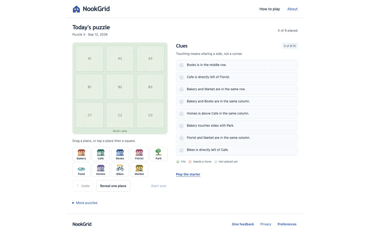 NookGrid today puzzle with an empty 3 by 3 neighborhood and unplaced buildings