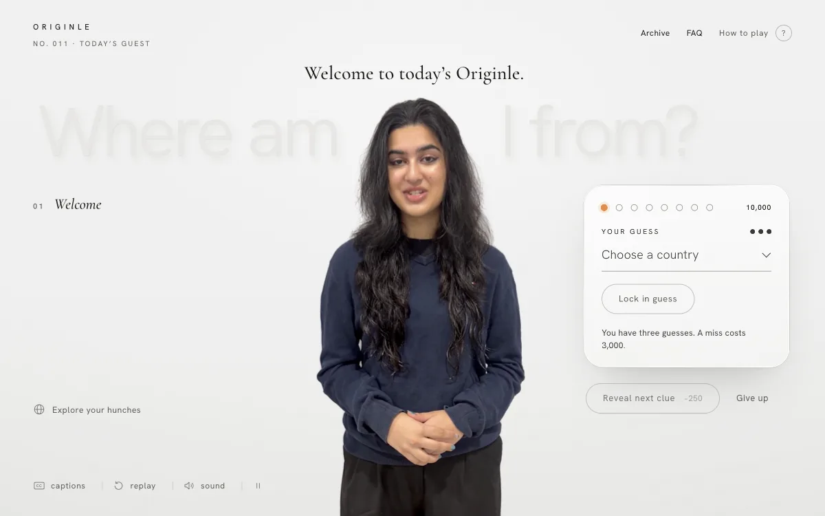 Originle daily guest video with country guess panel and eight clue slots