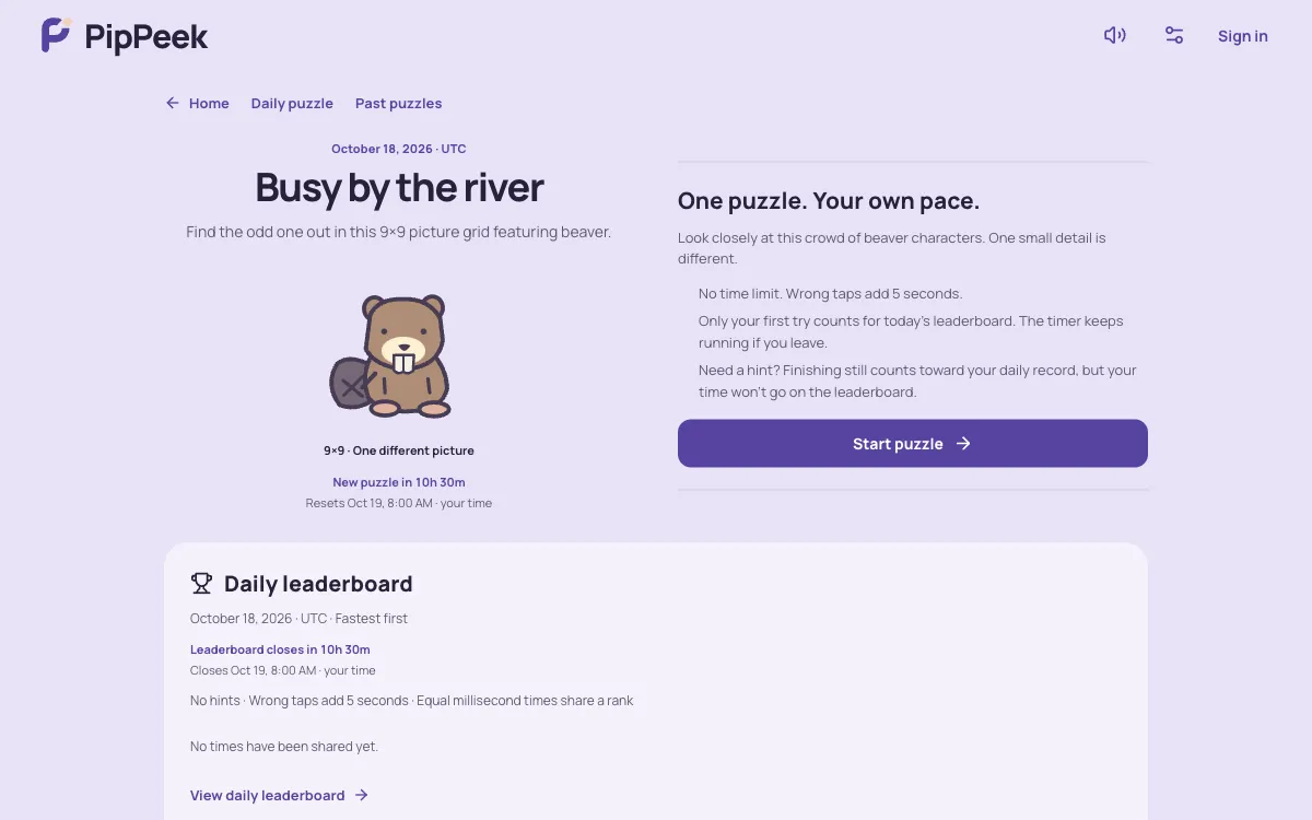 PipPeek daily odd-one-out page before the grid starts