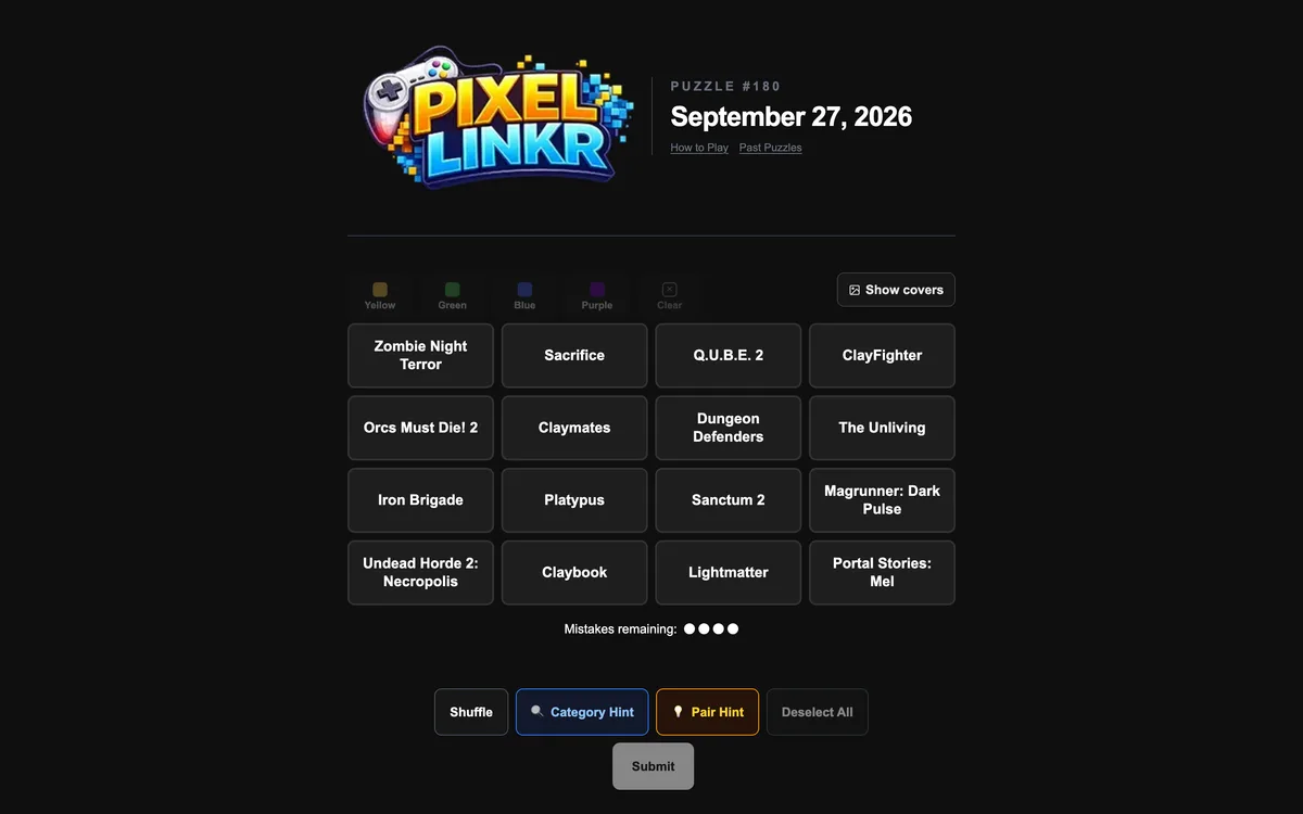 PixelLinkr daily board with sixteen ungrouped video game titles and four mistakes remaining