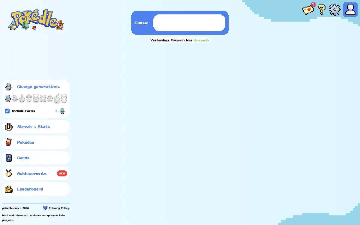 Pokedle Classic guess field with generation toggles and streak panel