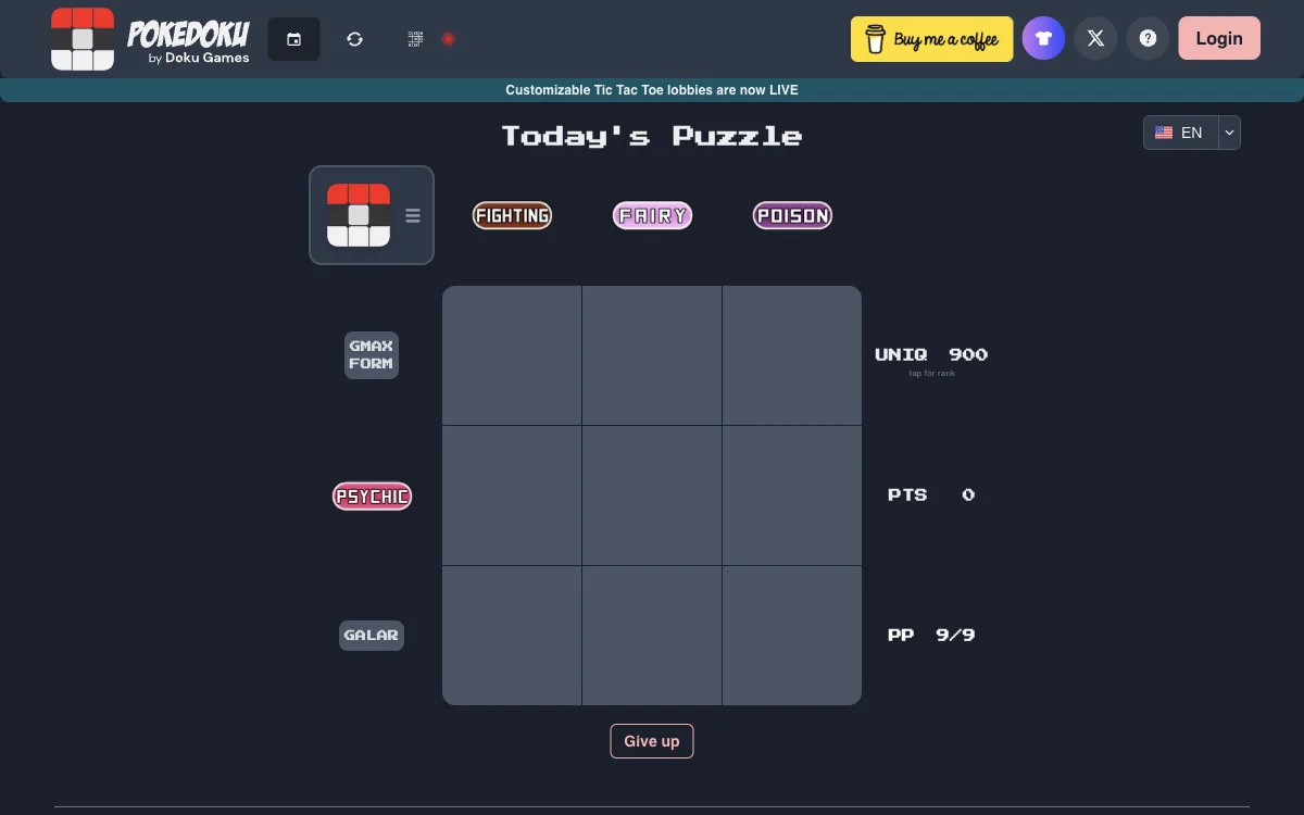 PokeDoku empty 3×3 daily grid with type and region categories