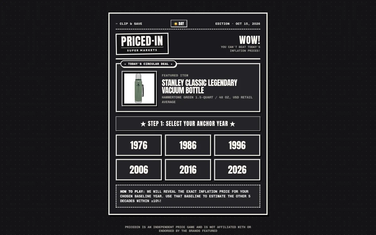 PricedIn daily circular with Stanley bottle and six decade year buttons