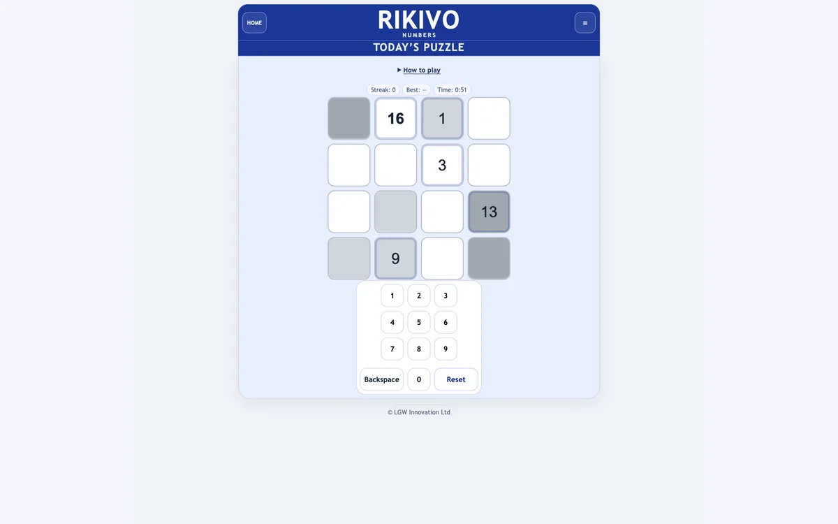 Rikivo Numbers today’s puzzle with a 1-to-16 grid and unused keypad