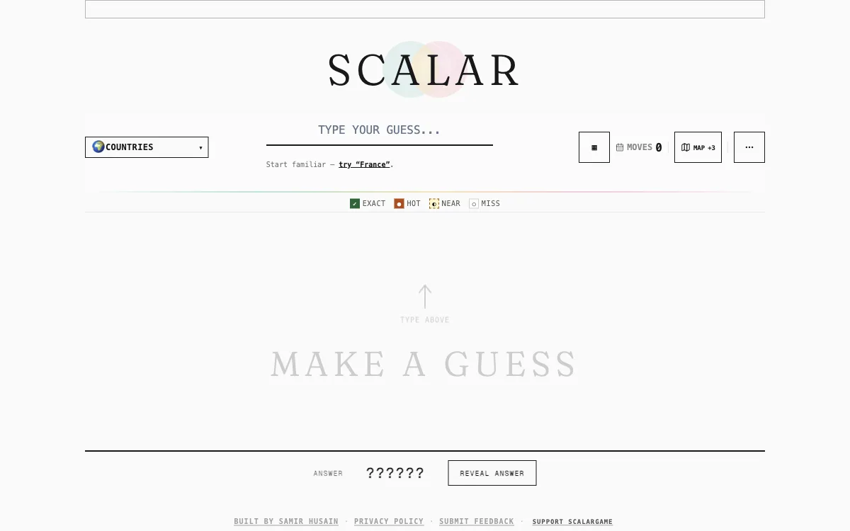 Scalar daily country board with an empty guess field and exact, hot, near, and miss legend