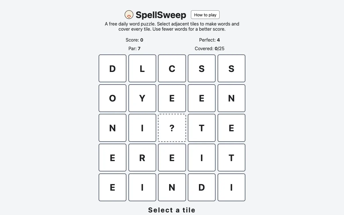 SpellSweep daily 5×5 with every tile uncovered, a centre wildcard, and a score of zero