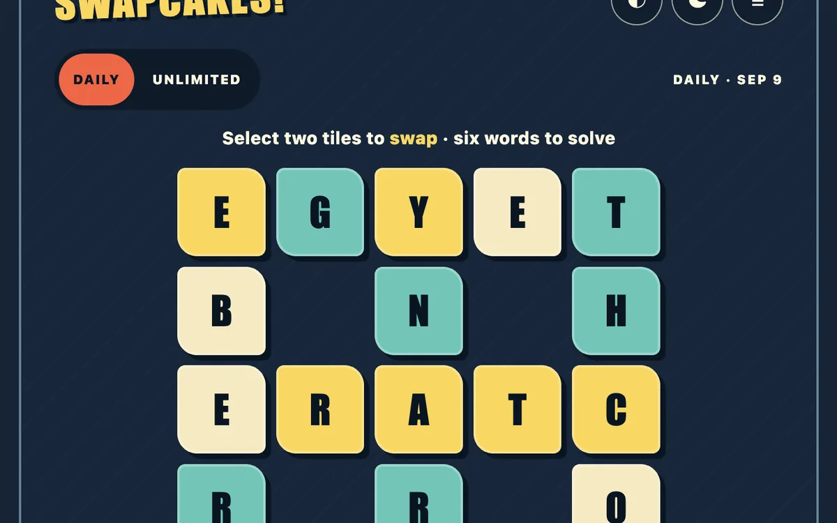 Swapcakes Daily waffle grid with letter tiles and fifteen swaps left