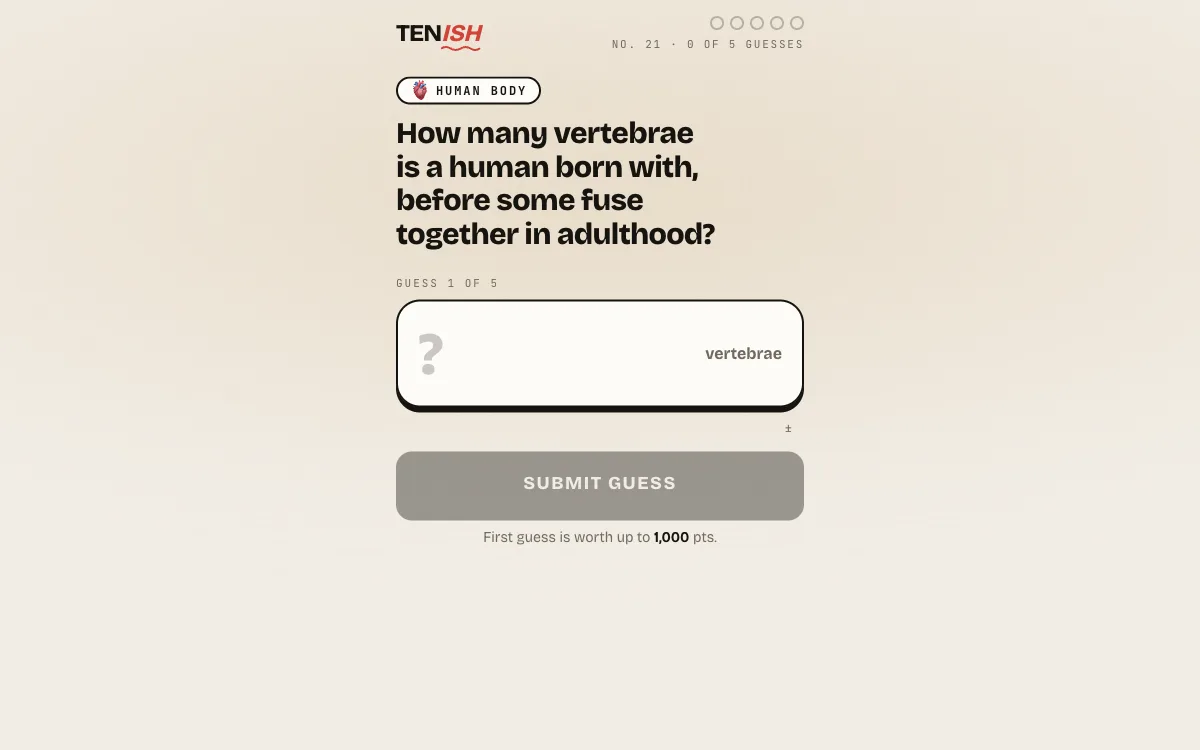 Tenish daily number question with five-guess input