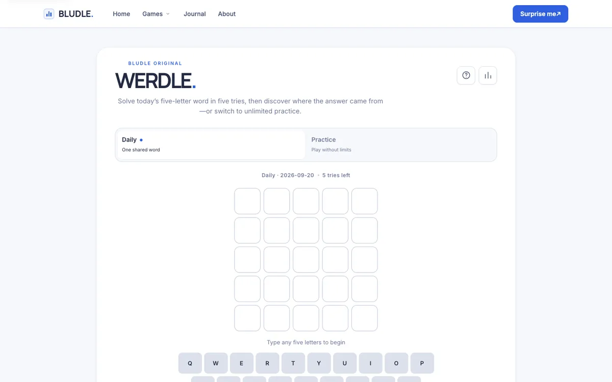 Werdle daily board with an empty five-by-five grid, five tries left, and a Daily tab next to Practice
