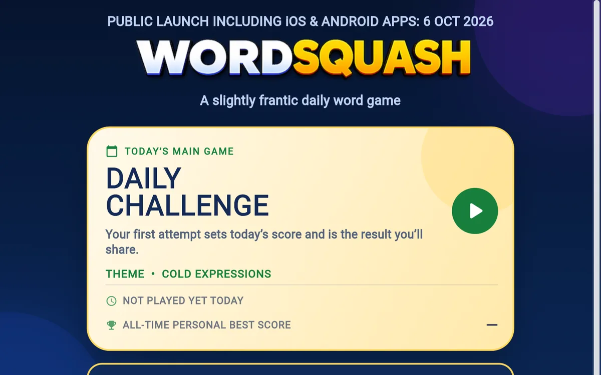Word Squash Daily Challenge card, not played yet, with the first attempt setting today’s score