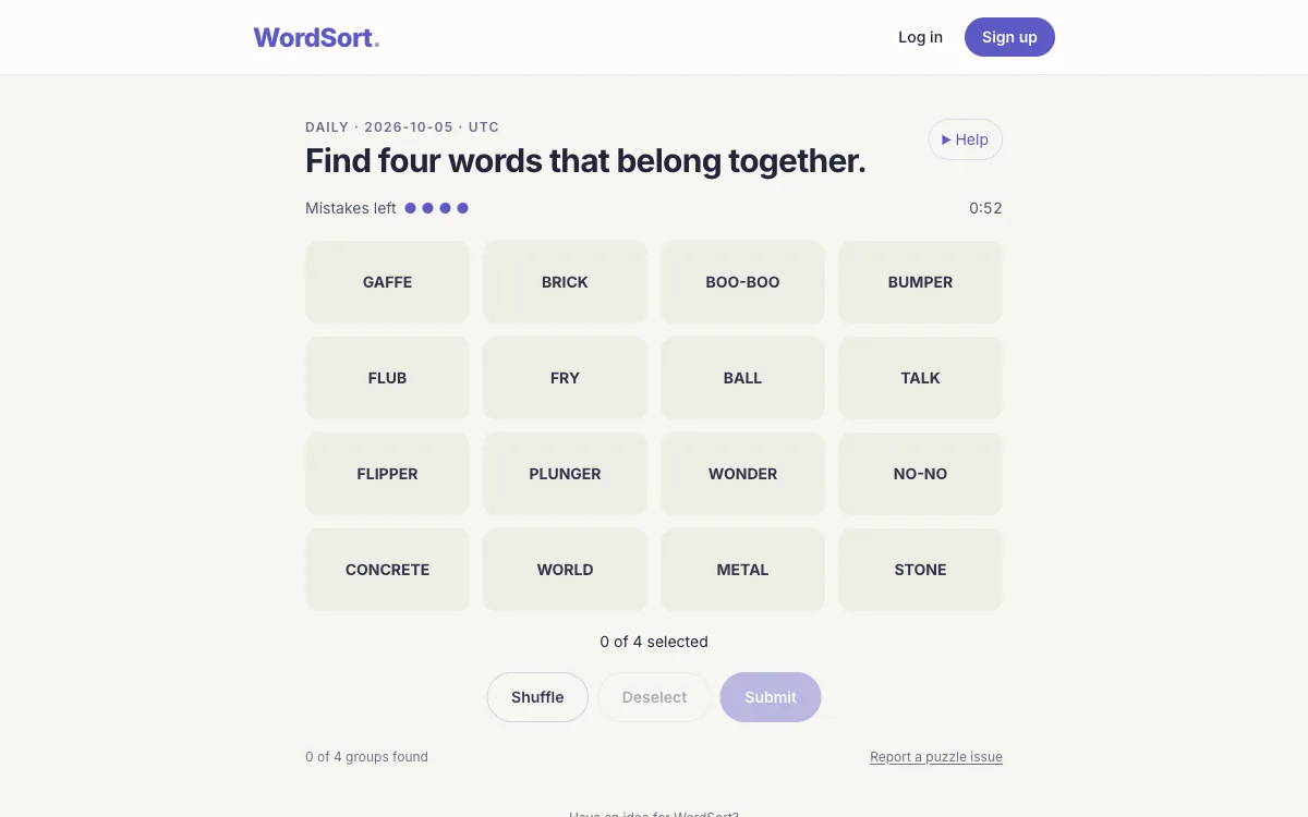 WordSort daily board with sixteen ungrouped words and four mistakes left