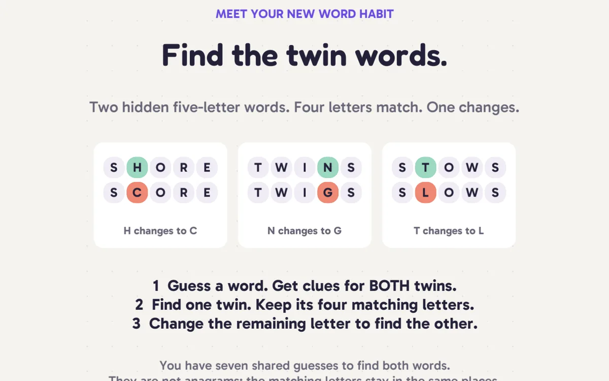 WordTwiq how-to with three twin-word examples where one letter changes in place